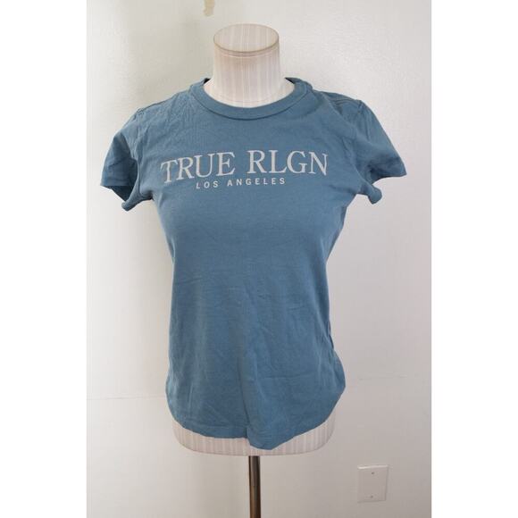 True Religion Women's Small Crew Neck T-shirt Blue Fitted Spell Out - Picture 1 of 6